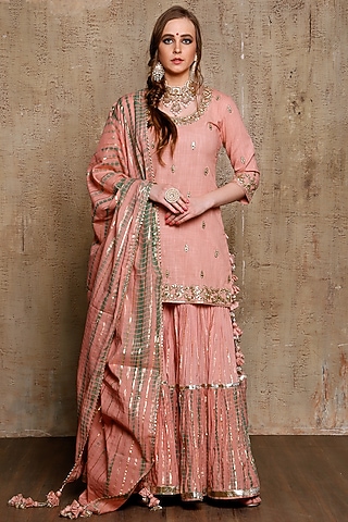Pink Slub Linen Layered Sharara Set by Vikram Phadnis