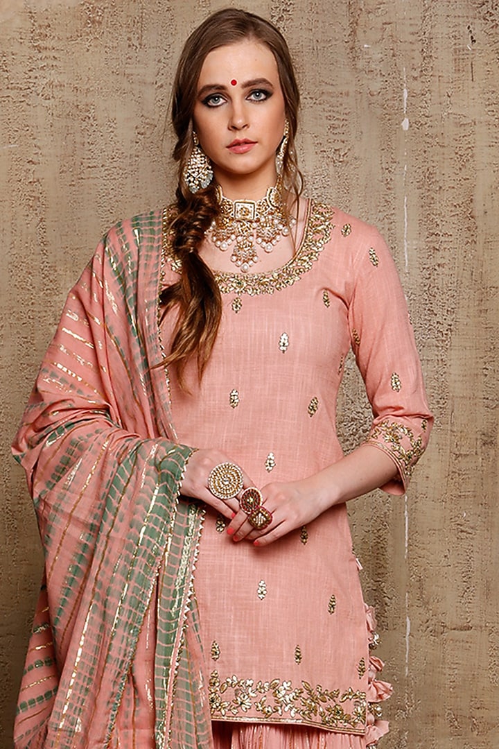 Pink Slub Linen Layered Wedding Sharara Set by Vikram Phadnis at Pernia's Pop Up Shop