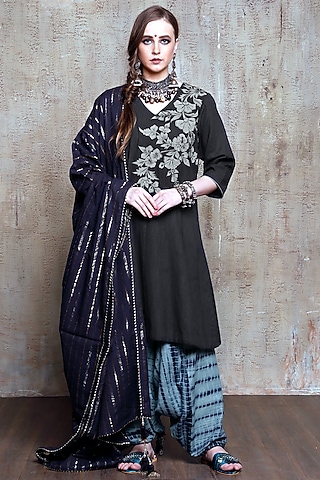 Dark Grey Embroidered Kurta Set by Vikram Phadnis