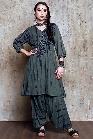 Olive Green Tie-Dyed Kurta Set by Vikram Phadnis