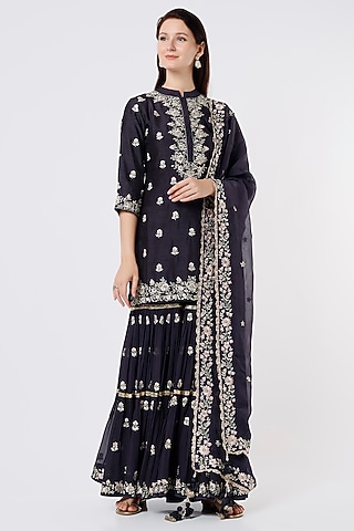 Dark Grey Embroidered Sharara Set by Vikram Phadnis