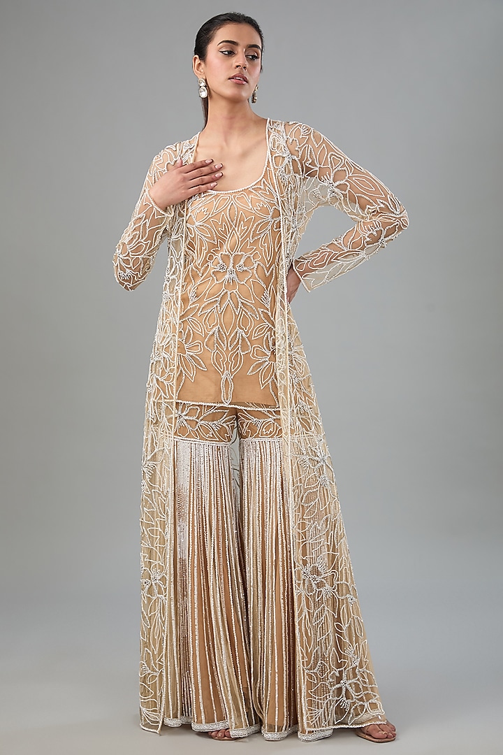 Nude Net Floral Embroidered Sharara Set by Vikram Phadnis at Pernia's Pop Up Shop