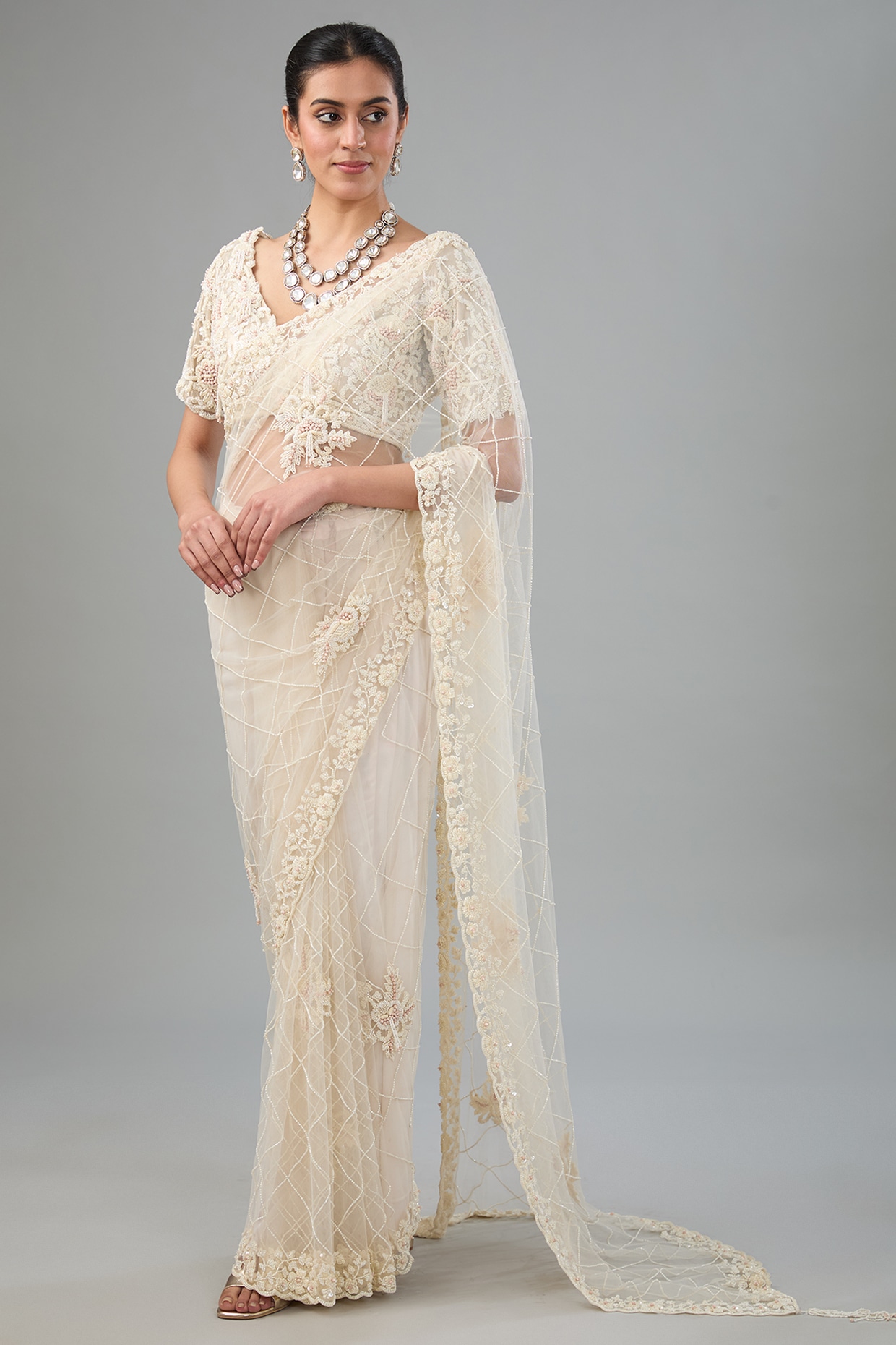 Anushka in Traditional Off White Saree - Saree Blouse Patterns