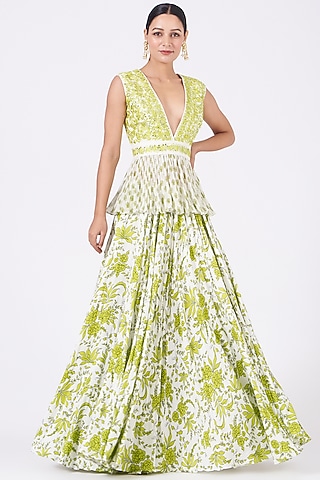 White & Lime Jaal Printed Lehenga Set by Vikram Phadnis