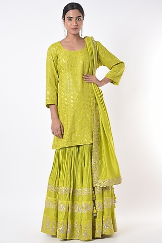 Lime Green Gota Embroidered Sharara Set by Vikram Phadnis