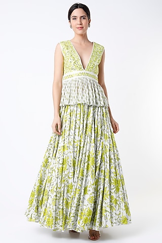 White & Light Green Printed Lehenga Set by Vikram Phadnis