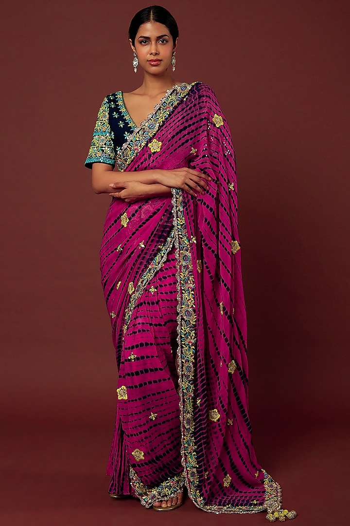 Hot Pink & Navy Blue Georgette Embroidered Sharara Saree Set by Vikram Phadnis