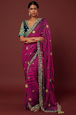 Hot Pink & Navy Blue Georgette Embroidered Sharara Saree Set by Vikram Phadnis
