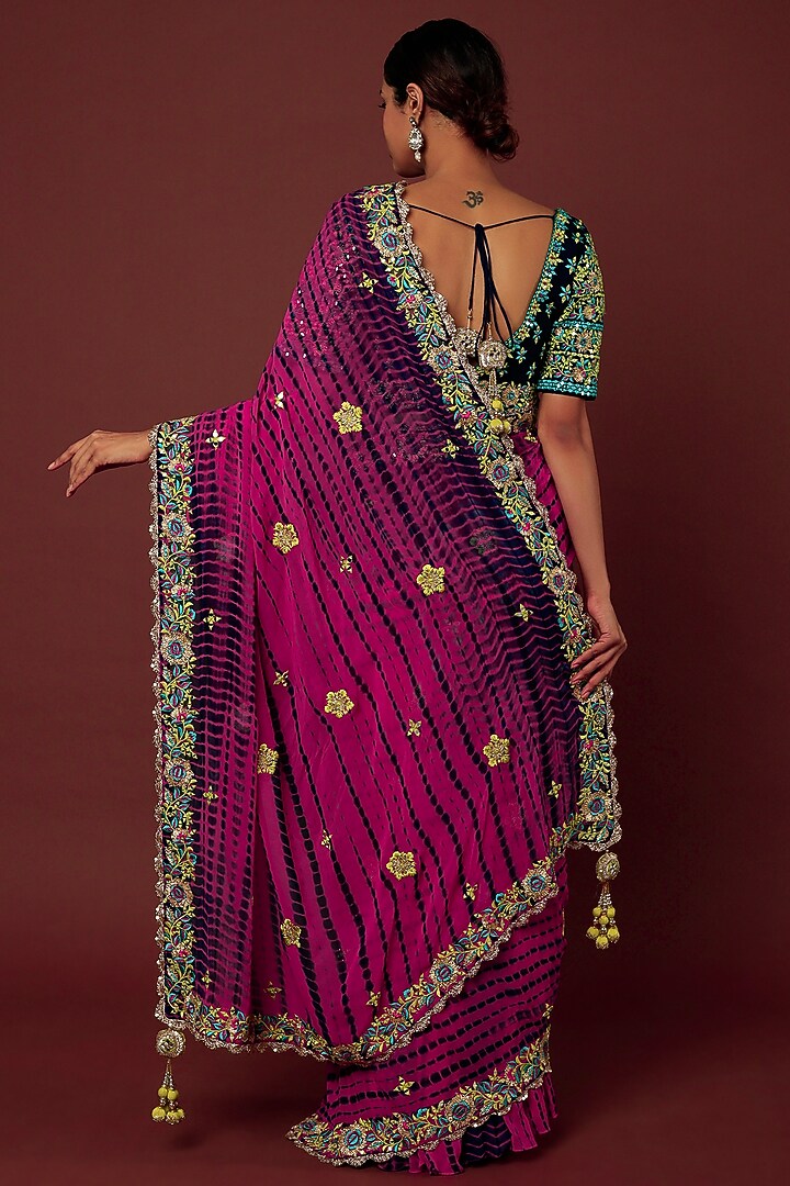 Hot Pink & Navy Blue Georgette Embroidered Sharara Wedding Saree Set by Vikram Phadnis at Pernia's Pop Up Shop