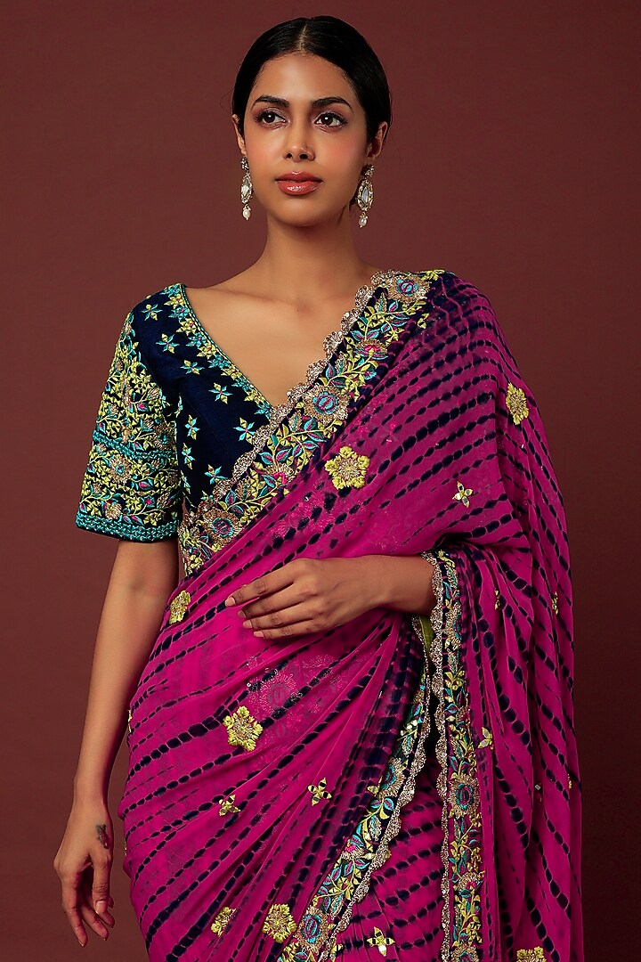 Hot Pink & Navy Blue Georgette Embroidered Sharara Wedding Saree Set by Vikram Phadnis at Pernia's Pop Up Shop