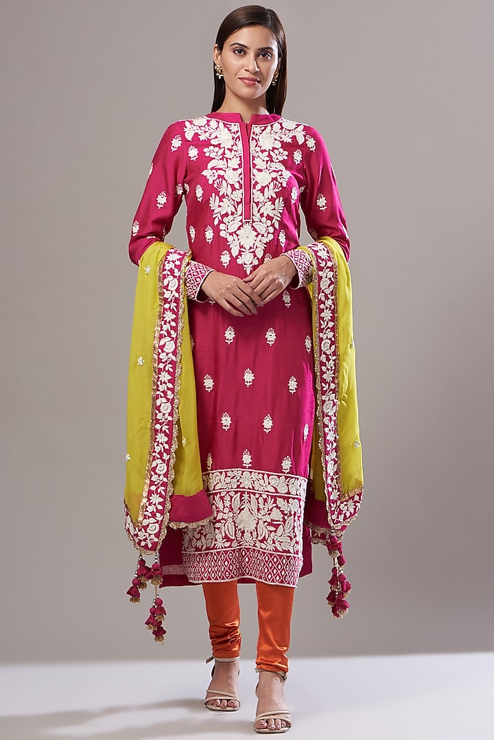 Pink Embroidered Silk Kurta Set by Vikram Phadnis