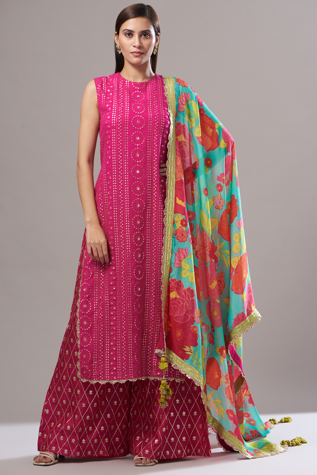 Pink Cotton Mul Embroidered Kurta Set by Vikram Phadnis