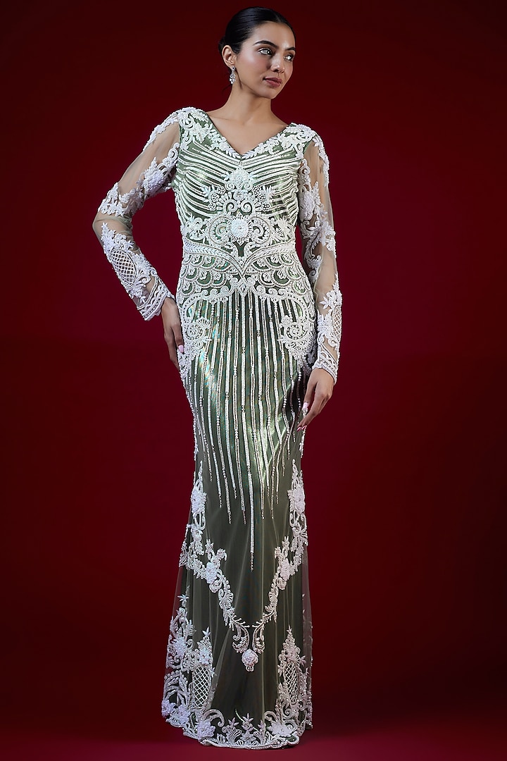 Green Net Sequins Embroidered Mermaid Gown by Vikram Phadnis