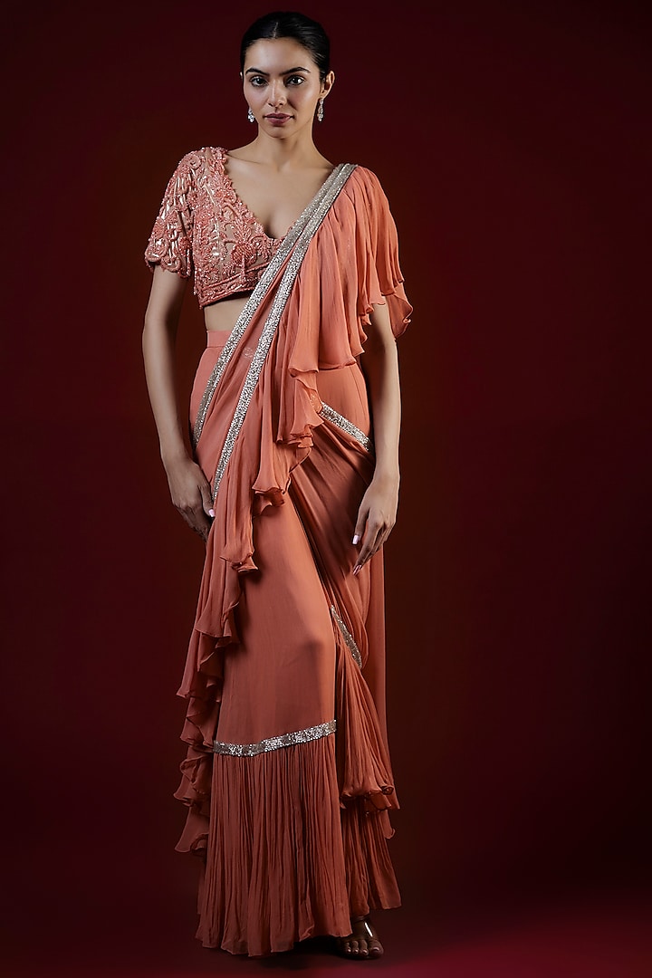 Peach Georgette Layered Ruffled Saree Set by Vikram Phadnis