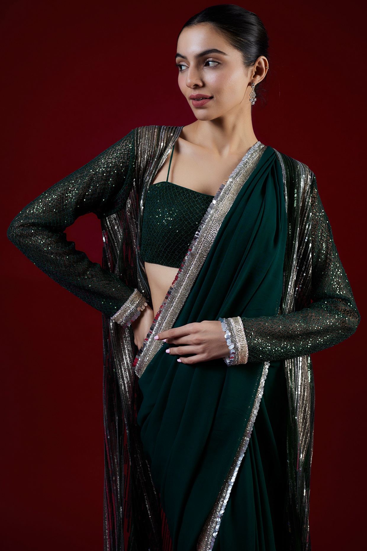 Embroidered Georgette Saree in Dark Green : SPF6159