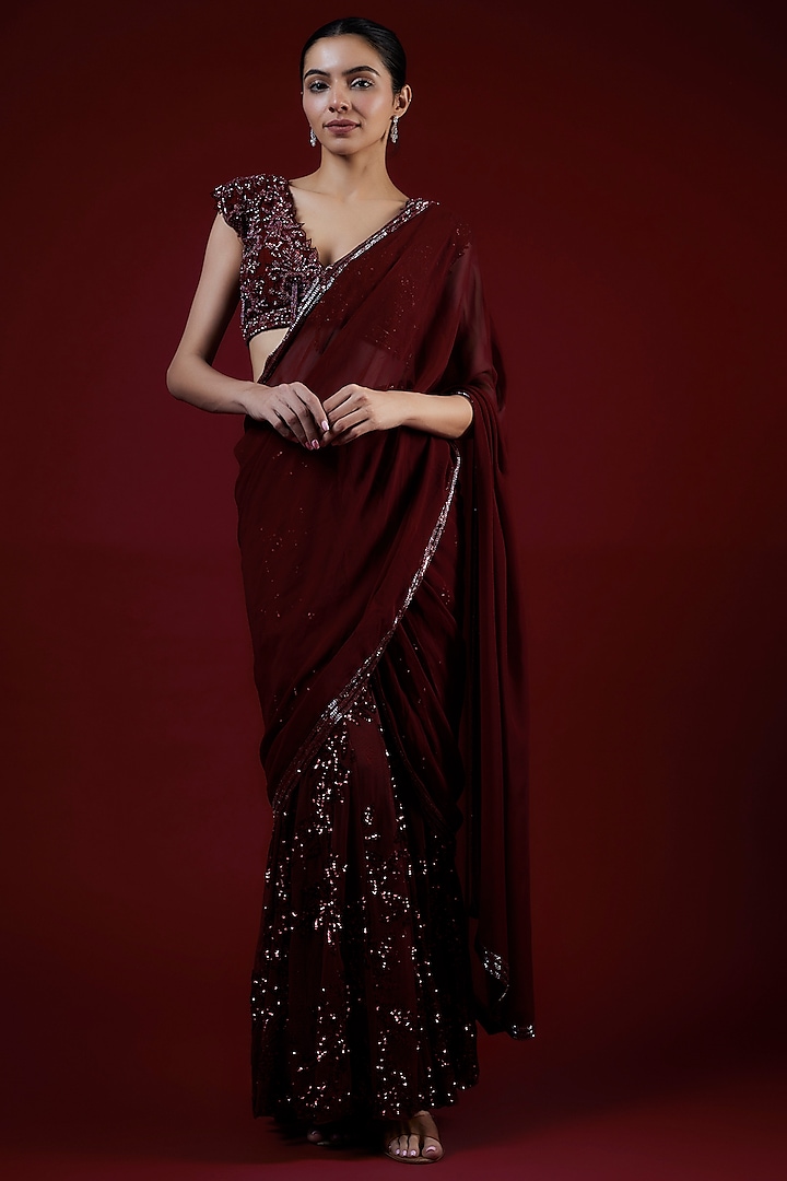 Maroon Net Floral Embroidered Pant Saree Set by Vikram Phadnis