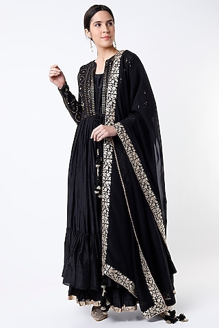 Black Silk Layered Sharara Set by Vikram Phadnis