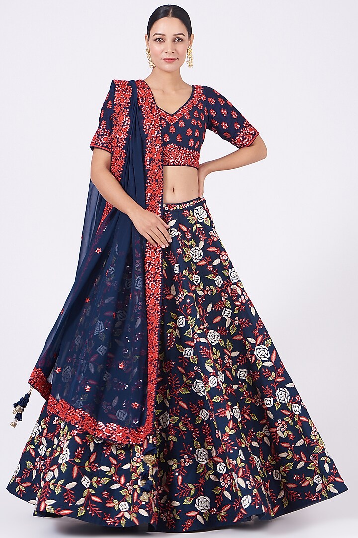 Navy Blue Mirror Embroidered Bridal Lehenga Set by Vikram Phadnis at Pernia's Pop Up Shop