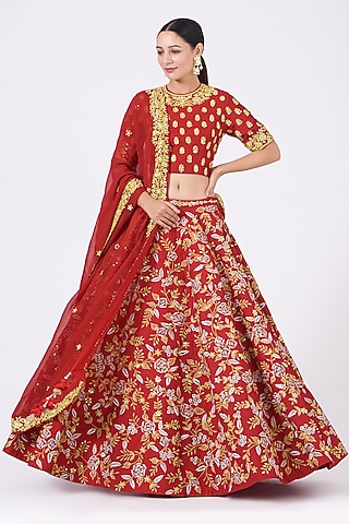 Red Lehenga Set With Mirror Work by Vikram Phadnis