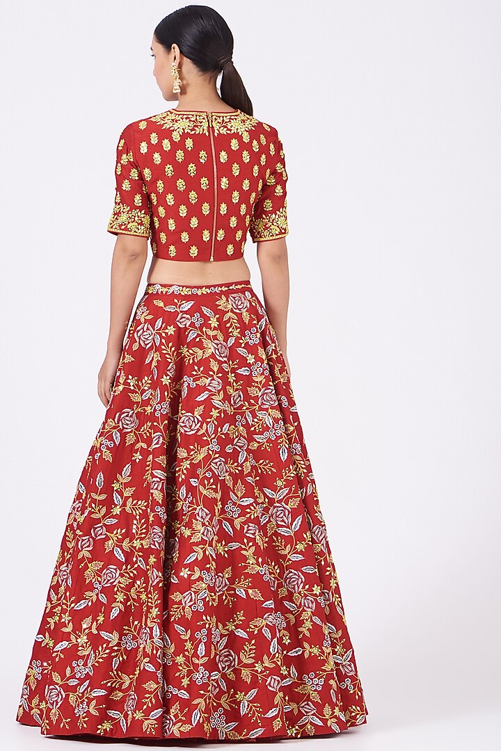 Red Bridal Lehenga Set With Mirror Work by Vikram Phadnis at Pernia's Pop Up Shop