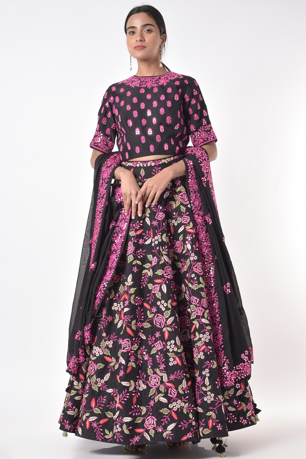 Buy Black Organza Embroidered Mirror Work Sweetheart Neck Lehenga Set For  Women by Sailex Online at Aza Fashions.