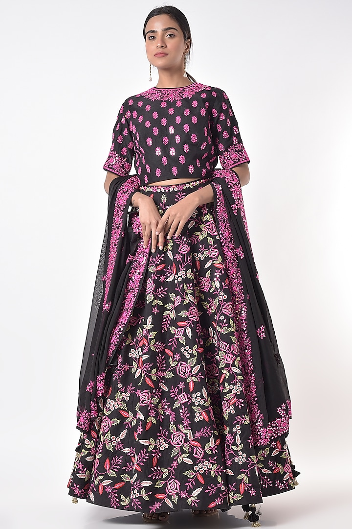 Black & Pink Embroidered Lehenga Set by Vikram Phadnis