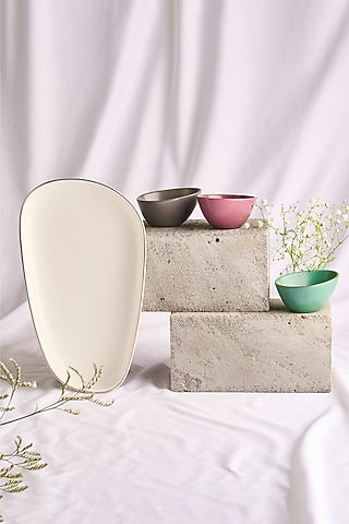 Multi-Colored Porcelain Matte Platter & Bowls (Set Of 4) by Vola
