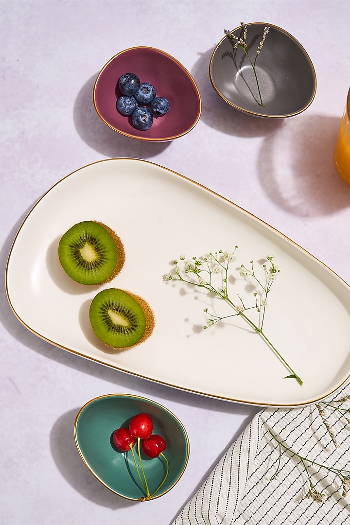 Multi-Colored Porcelain Matte Platter & Bowls (Set Of 4) by Vola at Pernia's Pop Up Shop