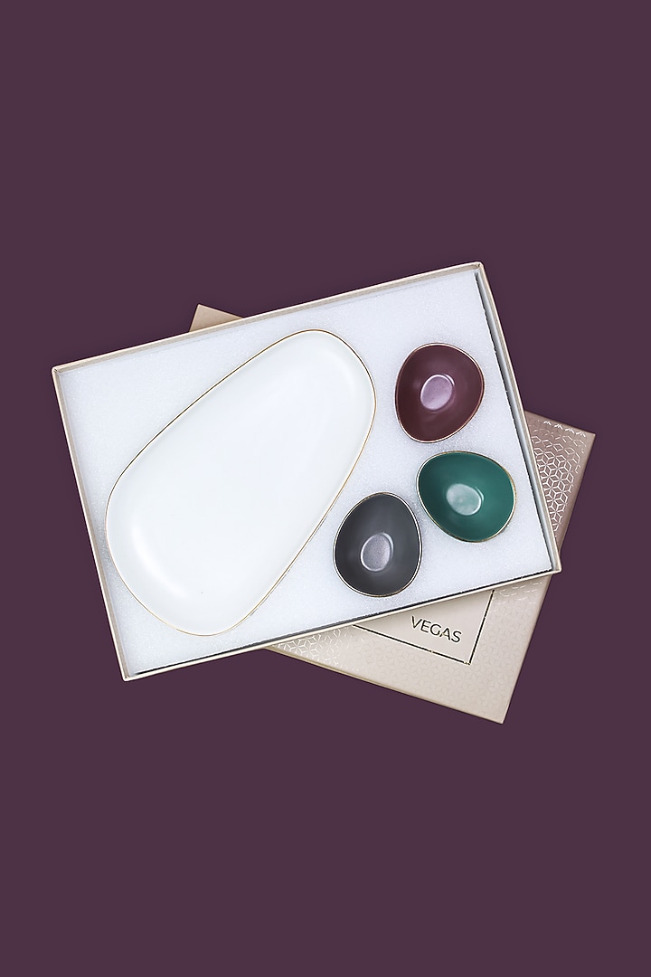 Multi-Colored Porcelain Matte Platter & Bowls (Set Of 4) by Vola at Pernia's Pop Up Shop