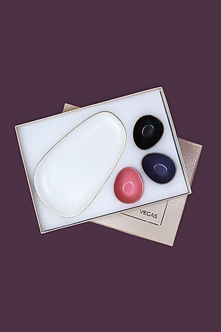 Multi-Colored Porcelain Matte Platter & Bowls (Set Of 4) by Vola