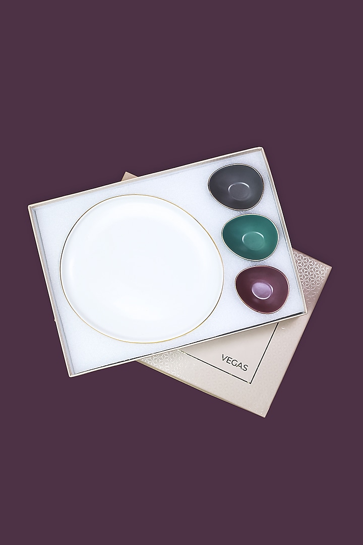 Multi-Colored Porcelain Matte Platter & Bowls (Set Of 4) by Vola