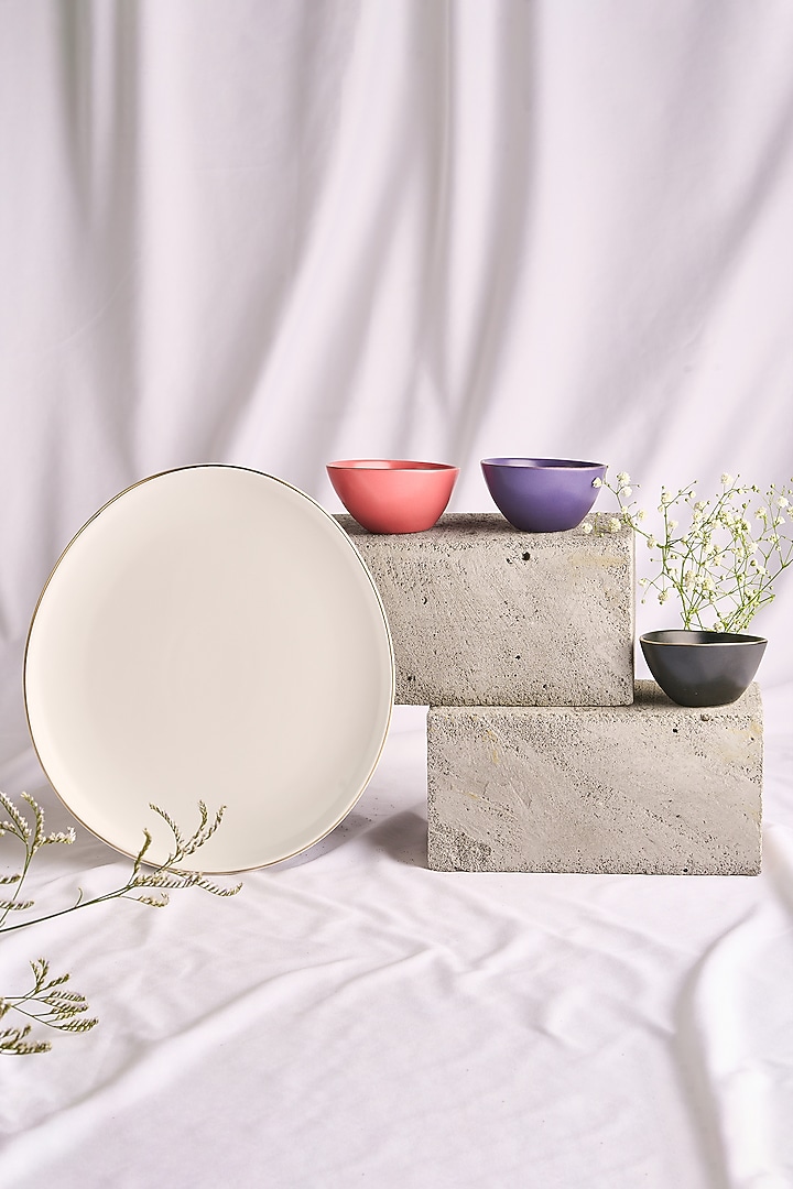 Multi-Colored Porcelain Matte Platter & Bowls (Set Of 4) by Vola at Pernia's Pop Up Shop