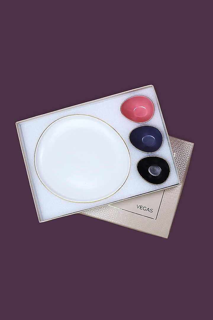 Multi-Colored Porcelain Matte Platter & Bowls (Set Of 4) by Vola at Pernia's Pop Up Shop