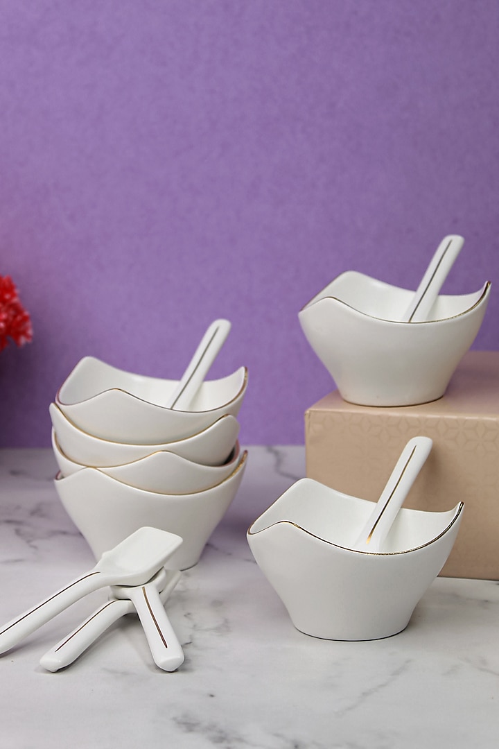 White Porcelain Matte Bowls & Spoons (Set Of 12) by Vola