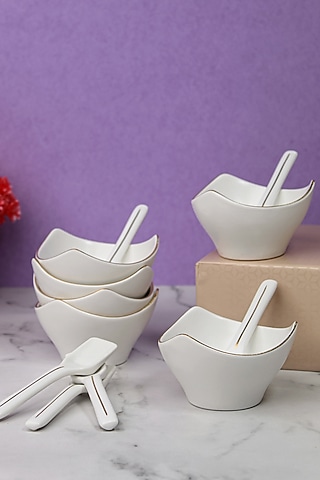 White Porcelain Matte Bowls & Spoons (Set Of 12) by Vola