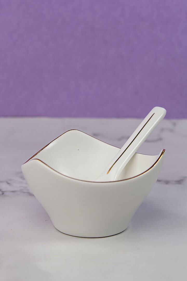White Porcelain Matte Bowls & Spoons (Set Of 12) by Vola at Pernia's Pop Up Shop