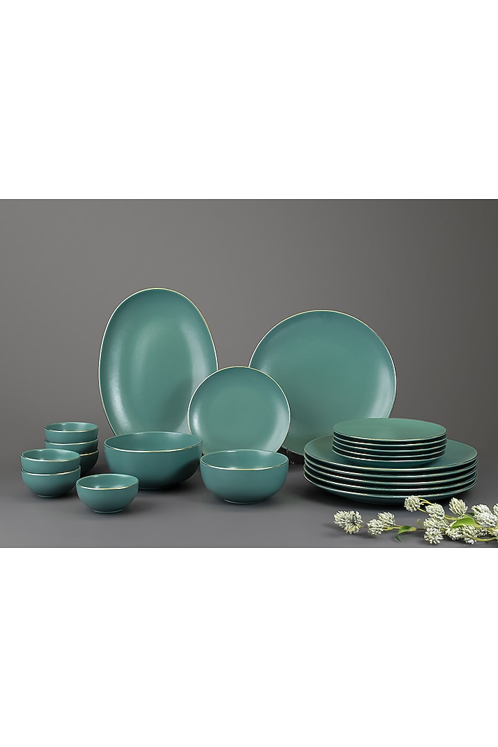 Green Matte Porcelain Dinner (Set Of 21) by Vola at Pernia's Pop Up Shop