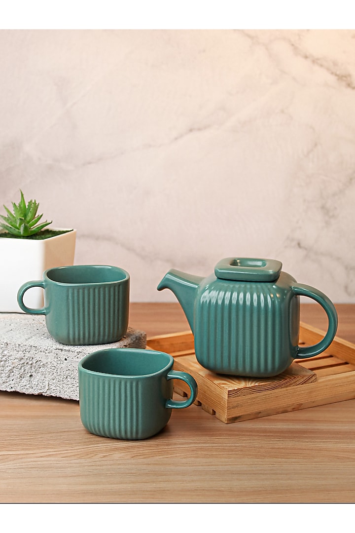 Green Porcelain Tea-Pot With Cups (Set Of 3) by Vola at Pernia's Pop Up Shop