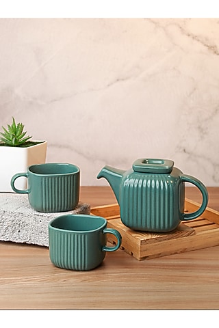 Green Porcelain Tea-Pot With Cups (Set Of 3) by Vola