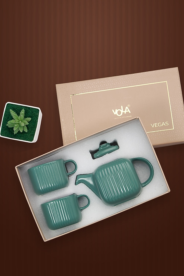 Green Porcelain Tea-Pot With Cups (Set Of 3) by Vola at Pernia's Pop Up Shop
