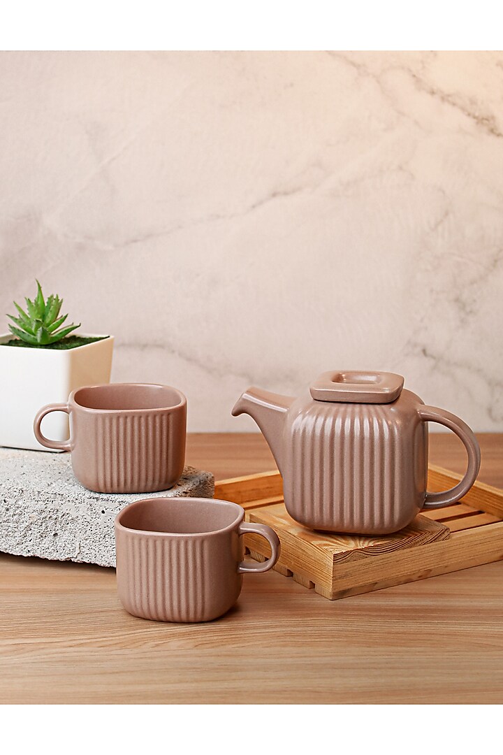 Beige Porcelain Tea-Pot With Cups (Set Of 3) by Vola at Pernia's Pop Up Shop