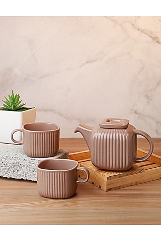 Beige Porcelain Tea-Pot With Cups (Set Of 3) by Vola