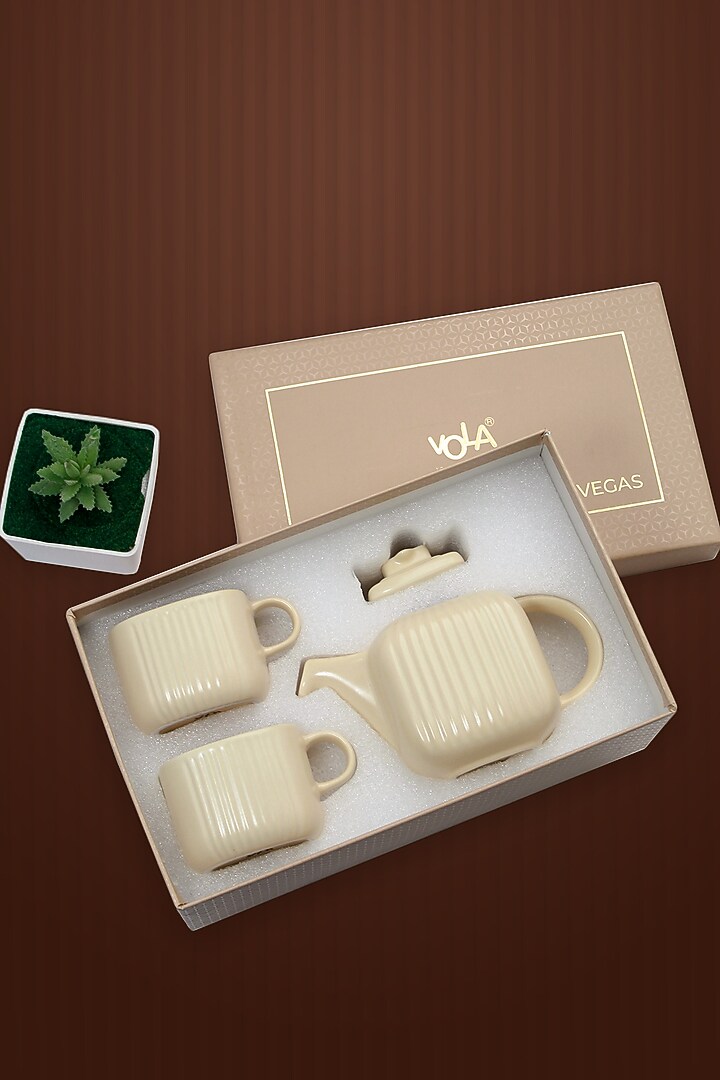 Cream Porcelain Tea-Pot With Cups (Set Of 3) by Vola at Pernia's Pop Up Shop