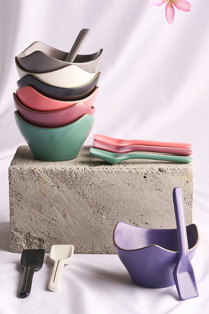 Multi-Colored Matte Porcelain Dessert Bowl With Spoon Set by Vola at Pernia's Pop Up Shop