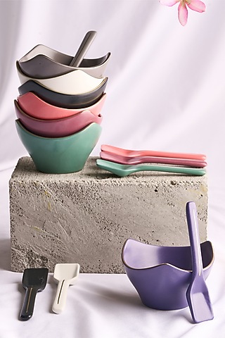 Multi-Colored Matte Porcelain Dessert Bowl With Spoon Set by Vola