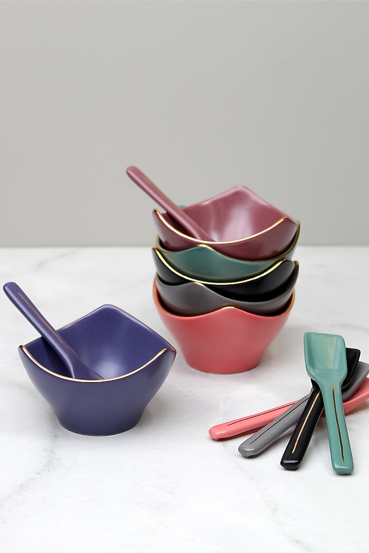 Multi-Colored Matte Porcelain Dessert Bowl With Spoon Set by Vola at Pernia's Pop Up Shop