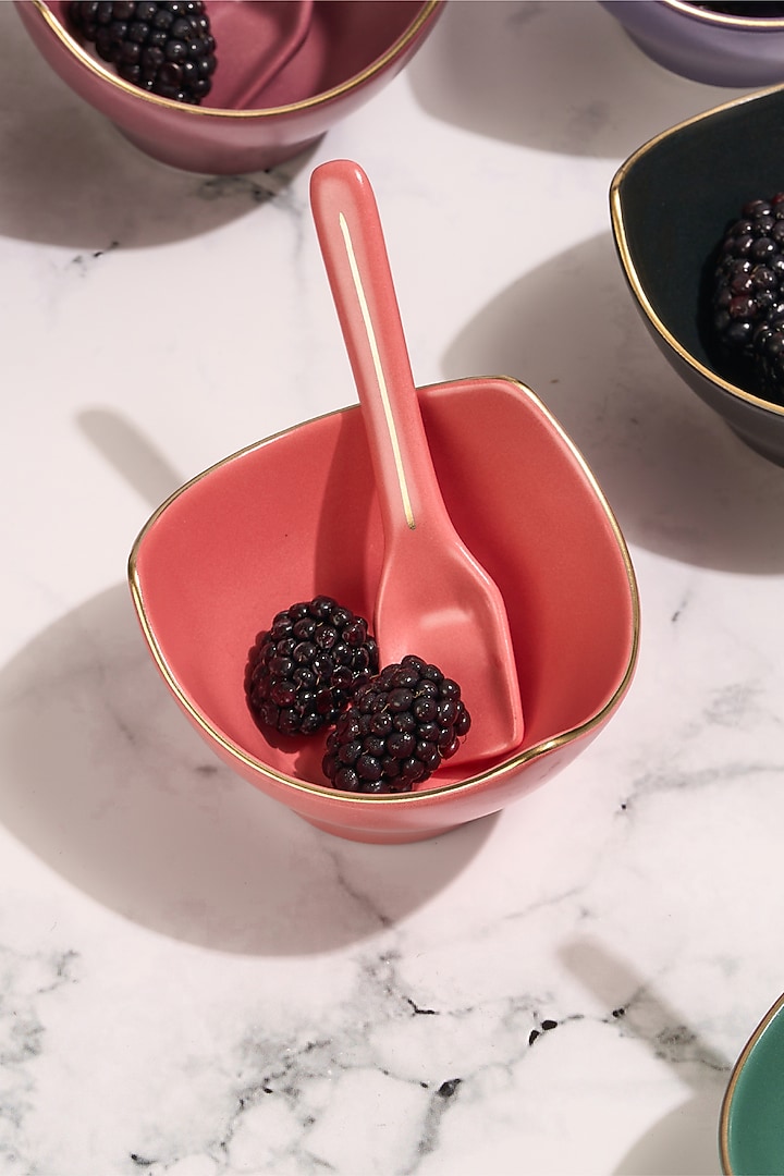 Multi-Colored Matte Porcelain Dessert Bowl With Spoon Set by Vola at Pernia's Pop Up Shop