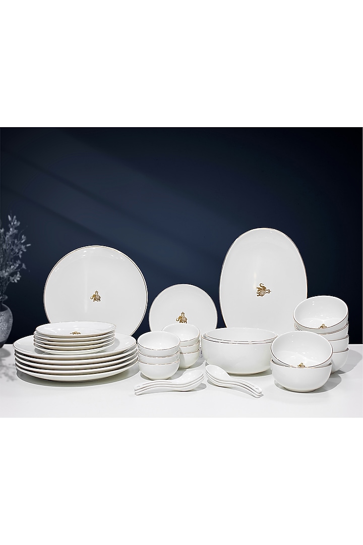 White Porcelain Gold Gaj Dinner Set of 33 by Vola at Pernia's Pop Up Shop