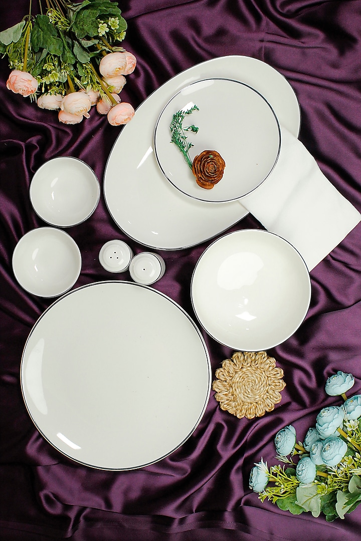 White Porcelain Platinum Royal Dinner Set of 23 by Vola