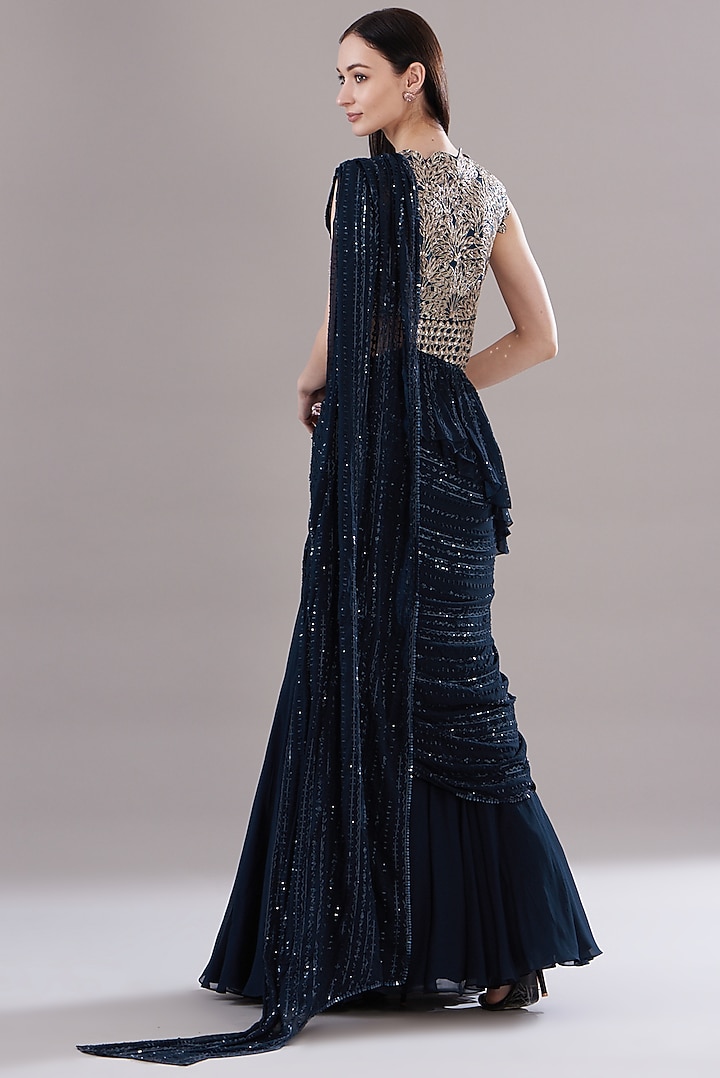 Blue Georgette & Organza Embroidered Concept Bridal Gown Saree by Varun Nidhika at Pernia's Pop Up Shop